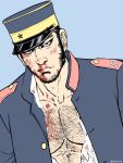  1boy bara beard black_hair blood blood_on_face blue_jacket buzz_cut chest_hair collared_jacket facial_hair flat_color golden_kamuy imperial_japanese_army jacket long_sideburns looking_at_viewer male_focus mature_male military military_uniform muscular muscular_male nipples nopinzo nosebleed open_clothes open_jacket pectoral_cleavage pectorals shirt short_hair sideburns solo stubble tanigaki_genjirou thick_eyebrows torn_clothes torn_shirt uniform very_short_hair 