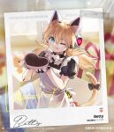  1girl :3 animal_ears apron artist_request betty_(girls&#039;_frontline_nc) black_shirt blonde_hair blue_eyes bow candy cat_ears cat_tail character_name chocolate copyright_name fake_animal_ears fang food frilled_apron frills girls&#039;_frontline girls&#039;_frontline_neural_cloud hair_between_eyes heart heart-shaped_chocolate highres holding idw_(girls&#039;_frontline) long_hair looking_at_viewer mechanical_hands official_art one_eye_closed polaroid puffy_sleeves shirt short_sleeves smile solo tail tail_bow tail_ornament tongue twintails upper_body valentine white_apron 