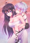  2girls :d absurdres ahoge amemiya_nazuna asagi0912 bandages bandeau bare_arms bare_shoulders belt black_belt black_choker black_hair blue_eyes breasts chest_sarashi choker cleavage commentary_request grey_hair hair_between_eyes hair_down highres indie_virtual_youtuber kson large_breasts long_hair looking_at_viewer midriff mole mole_under_eye multiple_girls open_mouth pants sarashi smile stomach strapless tube_top very_long_hair white_pants 