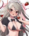  1girl alternate_costume bikini black_bikini blush border breasts brown_eyes conte_di_cavour_(kancolle) enmaided food fruit grey_hair highres holding holding_food holding_fruit kantai_collection large_breasts long_hair maid maid_bikini maid_headdress short_sleeves solo strawberry suggestive_fluid swimsuit tongue tongue_out upper_body waco white_border 