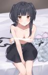  1girl bangs black_hair black_skirt blunt_bangs blush bra bra_removed breasts collarbone feet_out_of_frame idolmaster idolmaster_shiny_colors jintanj1ntan light_censor looking_at_viewer mayuzumi_fuyuko medium_breasts on_bed ribbon_removed shirt_removed sitting skirt solo sweatdrop topless underwear 