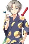  1boy bangs blue_eyes collarbone facing_viewer food fruit grey_hair hand_in_pocket holding japanese_clothes jinbei_(clothes) key_(company) looking_at_viewer party_horn pear rewrite smirk solo tagame_(tagamecat) white_background yoshino_haruhiko 