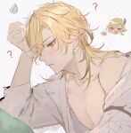  1boy alcohol bangs beer_mug blonde_hair blush cup ear_piercing feather_hair_ornament feathers genshin_impact grey_background gumilkx hair_between_eyes hair_ornament highres holding holding_cup kaveh_(genshin_impact) male_focus mug multiple_views nipples off_shoulder open_clothes open_mouth parted_lips piercing red_eyes shirt simple_background sketch squiggle sweat upper_body 