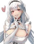  1girl azur_lane bangs breasts cleavage dress elbow_gloves flower frilled_dress frills gloves hair_ornament heart large_breasts long_hair looking_at_viewer maid moppo red_eyes scylla_(azur_lane) smile solo v white_gloves white_hair 