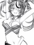  1girl absurdres armpits arms_up bangs bare_arms blush breasts detached_collar dice_hair_ornament greyscale grin hair_between_eyes hair_ornament hakos_baelz highres hololive hololive_english key large_breasts long_hair looking_at_viewer monochrome multicolored_hair nanashi_(nlo) navel one_eye_closed sharp_teeth simple_background smile solo stomach teeth twintails upper_body virtual_youtuber 
