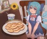  1girl :3 absurdres blue_bow blue_dress blue_eyes blue_hair blush bow breasts cirno collared_shirt dress duhota flower hair_bow highres ice ice_wings jazz_(blini_cat) kazami_yuuka neck_ribbon photo-referenced photo_(object) pinafore_dress plate product_placement puffy_short_sleeves puffy_sleeves red_ribbon ribbon russian_text shirt short_hair short_sleeves sitting small_breasts sour_cream sunflower syrniki table touhou white_shirt wings 