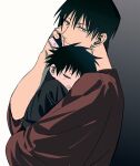  2boys aged_down bangs black_hair carrying cellphone child_carry closed_eyes commentary_request father_and_son fushiguro_megumi fushiguro_touji highres holding holding_phone jujutsu_kaisen long_sleeves looking_at_viewer male_child male_focus multiple_boys phone scar scar_on_face scar_on_mouth shenshan_laolin shirt short_hair sleeping 