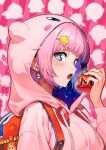  1girl blue_eyes cosplay earrings highres hood hoodie jewelry kabu_(niniko2ko) kirby kirby_(cosplay) open_mouth original pink_background pink_hair pink_hoodie red_bag 