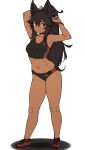  1girl arm_up bangs bare_shoulders black_hair black_sports_bra cerberus_(houtengeki) dark-skinned_female dark_skin full_body highres houtengeki navel original ponytail red_eyes red_footwear simple_background solo sports_bra standing stomach thighs white_background 