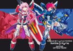  2girls amitie_florian armor boots fighting_stance green_eyes gundam gundam_astray_blue_frame gundam_astray_red_frame gundam_seed hibun_tsukasa highres holding holding_sword holding_weapon kyrie_florian lyrical_nanoha mahou_shoujo_lyrical_nanoha mahou_shoujo_lyrical_nanoha_a&#039;s mahou_shoujo_lyrical_nanoha_a&#039;s_portable:_the_gears_of_destiny mecha_musume mechanical_sword mechanical_wings multiple_girls open_mouth pink_eyes pink_hair skindentation smile sword weapon wings zoom_layer 