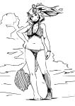  1girl animal_ear_fluff animal_ears arm_at_side bangs bare_shoulders barefoot bikini breasts cleavage closed_mouth cloud collarbone day facial_mark feet full_body greyscale half-closed_eyes hand_on_hip highres kame_(3t) legs long_hair looking_at_viewer medium_breasts monochrome navel original outdoors ponytail raccoon_ears raccoon_girl raccoon_tail rin-chan_(kame_(3t)) sidelocks sketch solo split_mouth standing stomach swept_bangs swimsuit tail thighs white_background wind 