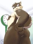  5groo5 anthro belly blush bodily_fluids brown_body brown_fur butt canid canine canis domestic_dog eyebrows fur hi_res lifewonders male mammal moritaka multicolored_body multicolored_fur nude scar slightly_chubby solo sweat tattoo thick_eyebrows tokyo_afterschool_summoners two_tone_body two_tone_fur 