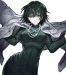  1girl black_dress black_hair breasts closed_mouth coat coat_on_shoulders dated dress fubuki_(one-punch_man) green_eyes grey_coat hair_between_eyes highres jewelry looking_at_viewer mary_felizola medium_breasts necklace one-punch_man short_hair signature simple_background solo white_background 