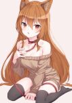  1girl animal_ear_fluff animal_ears bare_shoulders black_thighhighs breasts brown_sweater collar commission fang highres leash light_brown_hair long_hair long_sleeves looking_at_viewer medium_breasts no_pants off-shoulder_sweater off_shoulder open_mouth orange_hair original pixiv_commission red_collar red_eyes sitting skin_fang sweater thigh_strap thighhighs usamiusamimii very_long_hair wariza 