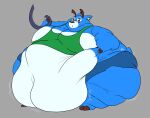  2_toes 4_fingers animal_crossing anthro antlers bam_(animal_crossing) belly belly_grab big_belly blue_body blue_bottomwear blue_clothing blue_fur blue_shorts blush bottomwear brown_antlers clothing deer feeding_tube feet fingers fur gamingmarko green_clothing green_shirt green_tank_top green_topwear grey_background half-closed_eyes hand_on_stomach hi_res hooves horn hose huge_moobs hyper hyper_belly lidded_eyes looking_at_belly looking_at_own_belly looking_down looking_down_at_self male mammal medical_instrument morbidly_obese morbidly_obese_anthro morbidly_obese_male motion_lines narrowed_eyes nintendo obese obese_anthro obese_male overweight overweight_anthro overweight_male red_eyes scientific_instrument shirt shorts simple_background solo standing tank_top toes topwear torn_bottomwear torn_clothing torn_shorts weight_gain yellow_inner_ear 