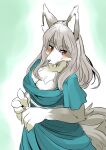  1girl animal_ear_fluff animal_ears animal_hands animal_nose bangs blue_dress blush body_fur breasts claws cleavage closed_mouth commentary_request dress furry furry_female green_background grey_fur grey_hair hands_up happy highres kame_(3t) large_breasts long_hair looking_at_viewer original outline own_hands_together red_eyes short_sleeves sidelocks simple_background smile snout solo split_mouth standing tail two-tone_fur upper_body white_fur white_outline wolf_ears wolf_girl wolf_tail 