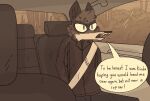  anthro arrested car clothing cuff_(restraint) dialogue english_text frenetic_wolf handcuffed handcuffs hi_res inside_car male mammal metal_cuffs open_mouth procyonid raccoon restraints seatbelt sitting solo speech_bubble text topwear vehicle 