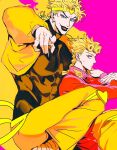  2boys black_nails blonde_hair bracelet braid dio_brando fangs father_and_son giorno_giovanna green_eyes headband heart height_difference highres hug hug_from_behind jacket jewelry jojo_no_kimyou_na_bouken long_hair long_sleeves looking_at_viewer male_focus multiple_boys muscular muscular_male pants parody pink_jacket pointing shenshan_laolin stardust_crusaders sweatdrop vampire vento_aureo yellow_jacket yellow_pants 