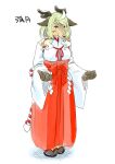  1girl absurdres animal_ears animal_feet animal_nose antlers bangs bell black_footwear blue_eyes blush body_fur breasts bright_pupils brown_fur character_name closed_mouth commentary_request deer_ears facial_mark full_body furry furry_female gradient_hair green_hair hair_bell hair_ornament hakama half-closed_eyes hands_up highres hooves japanese_clothes jingle_bell kame_(3t) kimono kouhaku_nawa long_hair long_sleeves medium_breasts miko multicolored_hair original red_hakama reindeer_antlers reindeer_girl rope sandals shide shimenawa sidelocks simple_background sketch snout solo split_mouth standing swept_bangs translated two-tone_fur two-tone_hair white_background white_hair white_kimono white_pupils wide_sleeves yellow_fur yuzuki_(kame_(3t)) 