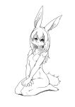  1girl :&lt; absurdres animal_ears animal_hands animal_nose bangs barefoot body_fur breasts closed_mouth collarbone expressionless full_body furry furry_female greyscale hair_between_eyes highres kame_(3t) legs legs_together long_hair looking_at_viewer monochrome no_nipples original own_hands_together rabbit_ears rabbit_girl rabbit_tail seiza sidelocks simple_background sitting sketch small_breasts solo split_mouth tail thighs v_arms white_background 