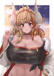  1girl absurdres blonde_hair blush breasts cleavage coat crop_top draph former_divine_boar_(granblue_fantasy) granblue_fantasy highres horns huge_breasts long_hair multicolored_hair nagisa_otoha navel off-shoulder_shirt off_shoulder open_clothes open_coat pointy_ears purple_eyes red_hair shirt smile solo stomach streaked_hair tied_shirt upper_body v wide_sleeves 