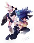  2girls angel_(kof) animal_ears blue_eyes blue_hair boots breasts chaps chibi dog_tags fingerless_gloves gloves highres large_breasts leona_heidern multiple_girls one_eye_covered ponytail rabbit_ears rabbit_tail short_hair snk tail tank_top the_king_of_fighters the_king_of_fighters:_a_new_beginning the_king_of_fighters_xiv toj1_toj1 white_hair yellow_tank_top 