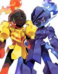  absurdres armarouge blade body_armor ceruledge embers eye_trail fire flaming_eye helmet highres light_trail orange_eyes pokemon pokemon_(creature) pokemon_(game) pokemon_sv purple_armor purple_eyes purple_fire simple_background teru_(245_neko) white_background yellow_armor 