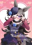  1girl absurdres animal_ears back_bow belt black_belt black_bow black_hair blue_dress blue_flower blue_headwear blue_rose bow character_name coco_(coco_rr) copyright_name cover cover_page dagger doujin_cover dress english_text flower fur_collar hair_over_one_eye hat hat_flower heart heart_hands highres horse_ears horse_girl knife long_hair looking_at_viewer off-shoulder_dress off_shoulder purple_eyes rice_shower_(umamusume) rose scabbard sheath sheathed short_dress solo standing tilted_headwear umamusume weapon 