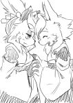  2girls ^_^ absurdres animal_ear_fluff animal_ears animal_nose bangs blush body_fur closed_eyes closed_mouth detached_sleeves face-to-face facial_mark facing_another fox_ears fox_girl from_side furry furry_female greyscale hair_ornament half-closed_eyes hands_up happy highres holding_hands interlocked_fingers japanese_clothes kame_(3t) kimono light_blush long_sleeves looking_at_another monochrome multiple_girls open_mouth original profile raccoon_ears raccoon_girl rin-chan_(kame_(3t)) shide short_hair sideways_mouth simple_background sketch sleeveless sleeveless_kimono smile snout standing sweat swept_bangs topknot wavy_mouth white_background wide_sleeves yhun-chan_(kame_(3t)) 
