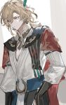  1boy bangs blonde_hair cape closed_mouth earrings feather_hair_ornament feathers genshin_impact hair_between_eyes hair_ornament hand_on_hip jewelry kaveh_(genshin_impact) long_sleeves male_focus red_cape red_eyes simple_background solo ueauwa upper_body 