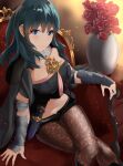  1girl absurdres blue_eyes blue_hair breasts brown_pantyhose byleth_(female)_(fire_emblem) byleth_(fire_emblem) clothing_cutout commentary feet_out_of_frame fire_emblem fire_emblem:_three_houses flower highres large_breasts light_particles long_hair looking_at_viewer navel navel_cutout pantyhose red_flower red_rose rose sail_(sail-away) sitting smile solo vambraces vase 