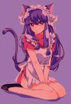 1girl animal_ears apron bell breasts cat_ears cat_girl cat_tail chinese_clothes commentary_request hair_bell hair_ornament highres long_hair looking_at_viewer maid_headdress purple_hair ranma_1/2 red_eyes rumic_0620 seiza shampoo_(ranma_1/2) short_sleeves sidelocks simple_background sitting slippers solo tail 