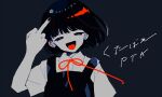  1girl :d artist_name bangs black_eyes black_hair black_nails bright_pupils collared_shirt commentary_request dark_background dress ear_piercing earrings fingernails floating_hair grey_background half-closed_eyes hand_up jewelry kutabare_pta_(vocaloid) limited_palette looking_at_viewer middle_finger multicolored_hair neck_ribbon open_mouth pencil piercing pinafore_dress profanity red_hair red_ribbon ribbon romaji_text shikida_pan shirt short_hair short_sleeves simple_background smile solo song_name streaked_hair stud_earrings tongue translated two-tone_hair upper_body white_shirt 
