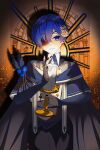  1boy absurdres blue_eyes blue_hair candle ciel_phantomhive eyepatch flower hair_over_one_eye highres holding holding_candle kuroshitsuji les42017 looking_back male_focus rose short_hair solo yellow_flower yellow_rose 