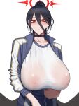  black_choker black_hair blue_archive choker collarbone covered_nipples gym_shirt gym_uniform halo hasumi_(blue_archive) hasumi_(gym_uniform)_(blue_archive) highres hihizaru_badass jacket large_areolae long_hair looking_at_viewer mole mole_under_eye nipples open_clothes open_jacket ponytail red_eyes see-through see-through_shirt shirt 