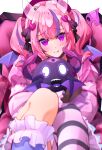  1girl absurdres bell black_bow blush bow bubi_(ironmouse) demon_girl demon_horns demon_wings hair_bow hair_ornament heart heart_hair_ornament highres horns ironmouse jingle_bell long_hair looking_at_viewer multicolored_hair pink_hair pink_shirt pointy_ears pout purple_eyes purple_hair shirt socks streaked_hair striped striped_socks tsue_0206 twintails virtual_youtuber vshojo wings 