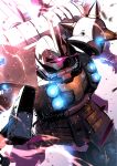  glowing glowing_eye gundam gundam_thunderbolt highres horns kuri_giepi looking_up mecha mobile_suit no_humans one-eyed purple_eyes robot shoulder_spikes single_horn solo spikes zaku_ii_(reuse_p_device) 