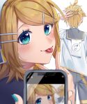  1boy 2girls :p ;p absurdres ahoge aqua_eyes aqua_nails back bangs blonde_hair blush brother_and_sister detached_sleeves hair_ornament hairclip hand_on_own_head hatsune_miku headphones headset highres holding holding_phone inu8neko kagamine_len kagamine_rin looking_at_viewer looking_back multiple_girls note_on_back one_eye_closed phone pov pov_hands prank sailor_collar sailor_shirt scratching_head shirt short_ponytail short_sleeves shorts siblings swept_bangs taking_picture tongue tongue_out turning_head twins v vocaloid white_shirt yellow_nails 