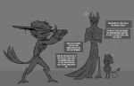  anthro avian bird crown dialogue eyes_closed father father_and_child father_and_son formal_clothing formal_wear grey_background group hair headgear helluva_boss hi_res horn male melee_weapon owl owl_demon paimon_(helluva_boss) parent parent_and_child short_hair simple_background smile son speech_bubble standing stolas_(helluva_boss) sword teathekook teenager text trio weapon white_text worried worried_face worried_look wounded young 