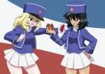  2girls andou_(girls_und_panzer) bangs bc_freedom_(emblem) bc_freedom_military_uniform black_eyes black_hair blonde_hair blue_eyes blue_headwear blue_jacket blue_vest blush box brown_eyes commentary dark-skinned_female dark_skin dress_shirt emblem flag_background french_flag frown gift girls_und_panzer giving hand_on_hip hat heart-shaped_box high_collar highres holding holding_gift jacket kepi long_sleeves looking_at_viewer medium_hair messy_hair military military_hat military_uniform miniskirt multiple_girls nao_(nao_puku777) open_mouth oshida_(girls_und_panzer) pleated_skirt shirt skirt standing tsundere uniform valentine vest white_shirt white_skirt yuri 