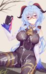  1girl ahoge aoi_(buzhuen444) bangs bare_shoulders black_gloves black_panties blue_hair blush bodystocking breasts cameltoe commentary_request condom cum cum_on_body cum_on_breasts cum_on_clothes cum_on_legs cum_on_legwear detached_sleeves facial flower_knot ganyu_(genshin_impact) genshin_impact glasses gloves grey_background holding holding_condom horns large_breasts long_hair long_sleeves looking_at_viewer paid_reward_available panties panties_under_pantyhose pantyhose purple_eyes red-framed_eyewear semi-rimless_eyewear simple_background sitting smile solo under-rim_eyewear underwear used_condom very_long_hair vision_(genshin_impact) 