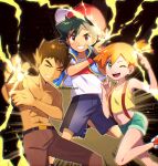  1girl 2boys ;d abs ash_ketchum bangs baseball_cap belt belt_buckle blue_jacket brock_(pokemon) brown_eyes brown_hair brown_pants buckle chitozen_(pri_zen) closed_eyes collarbone commentary_request dark-skinned_male dark_skin electricity eyelashes green_eyes green_shorts grin hat highres holding jacket leg_up misty_(pokemon) multiple_boys one_eye_closed open_mouth orange_hair pants pokemon pokemon_(anime) red_headwear shirt shoes short_hair short_sleeves shorts sleeveless sleeveless_jacket smile suspenders t-shirt teeth tongue topless_male twitter_username upper_teeth_only watermark white_shirt yellow_shirt 