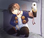  1boy artist_request bell black_cat_(series) brown_hair chest_tattoo gun holding holding_gun holding_weapon jingle_bell long_sleeves male_focus revolver sitting slit_pupils smile solo tattoo train_heartnet weapon yellow_eyes 