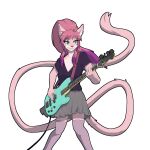  anthro bass_guitar bottomwear clothing domestic_cat felid feline felis female green_eyes guitar hair hi_res janie_(jannifer) jannifer legwear long_tail mammal multicolored_hair musical_instrument pink_body pink_hair playing_music plucked_string_instrument ponytail skirt smile solo string_instrument tail teeth thigh_highs trans_(lore) trans_woman_(lore) two_tone_hair 