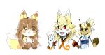  3girls :3 ? animal_ear_fluff animal_ears animal_hands animal_nose bangs blonde_hair blue_eyes blue_trim blush blush_stickers borrowed_character bright_pupils brown_fur brown_hair closed_mouth colored_tips commentary_request detached_sleeves expressionless fang flat_chest fox_ears fox_girl fox_tail furry furry_female hair_between_eyes hair_ornament hair_stick half-closed_eyes hand_up hands_up happy highres jaggy_lines japanese_clothes kame_(3t) kimono long_hair long_sleeves looking_at_another motion_lines multicolored_hair multiple_girls notice_lines obi open_mouth orange_trim original own_hands_together raccoon_ears raccoon_girl raccoon_tail red_eyes rin-chan_(kame_(3t)) sash shide short_hair sidelocks simple_background sketch sleeveless sleeveless_kimono smile swept_bangs tail tail_wagging thick_eyebrows topknot two-tone_fur two-tone_hair upper_body waving white_background white_fur white_hair white_kimono white_pupils yellow_fur yhun-chan_(kame_(3t)) 