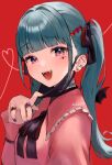  1girl :d absurdres bangs black_ribbon blunt_bangs blush breasts collar commentary_request ear_piercing earrings eyelashes fang frilled_collar frills green_hair hair_ornament hair_ribbon hand_up hatsune_miku head_tilt heart heart-shaped_ornament heart-shaped_pupils heart_hair_ornament heart_of_string highres jewelry long_hair long_sleeves mask mask_pull mouth_mask nail_polish open_mouth piercing pink_collar pink_hair pink_shirt pulled_by_self purple_nails red_background ribbon ring seductive_smile shirt sidelocks simple_background small_breasts smile solo stud_earrings symbol-shaped_pupils tananuki teeth twintails twitter_username upper_body upper_teeth_only vampire vampire_(vocaloid) vocaloid 