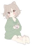  1girl animal_ears bandaid bandaid_on_knee bandaid_on_leg bare_legs barefoot brown_eyes cat_ears cat_girl child cup female_child flat_color full_body gau_(n00_shi) green_hoodie holding holding_cup hood hood_down hoodie light_brown_hair long_sleeves looking_at_viewer mug no_pants original short_hair simple_background sitting white_background 