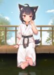  1girl :3 absurdres ahoge animal_ear_fluff animal_ears bangs barefoot belt black_belt black_hair blue_sky blush bright_pupils chromatic_aberration closed_mouth cloud day dougi fang fang_out feet hair_ornament hairclip hand_up highres karate kuma-bound looking_at_viewer original outdoors paw_pose plant red_eyes red_wristband reflection reflective_water scenery short_hair sidelocks sitting sky smile soles solo tail toes tree water white_pupils wooden_railing 