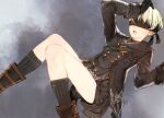  1boy bandolier black_gloves black_shirt blindfold boots gloves kneehighs nier:automata nier_(series) shirt shorts socks toi8 white_hair yorha_no._9_type_s 