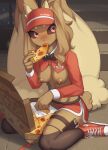  absurd_res anthro anthrofied big_breasts black_sclera bodily_fluids bottomwear breasts brown_body brown_fur brown_hair caught cleavage_cutout clothed clothing delivery_(commerce) delivery_employee eating female food food_carrier food_delivery footwear fur generation_4_pokemon hair hi_res hotpants kemono kneeling kneeling_on_ground legwear looking_at_viewer lopunny nintendo nipples pink_eyes pizza pizza_delivery pizza_delivery_carrier pokemon pokemon_(species) shoes shorts sitting solo sweat sweatdrop tan_body tan_fur uniform wariza zinfyu 